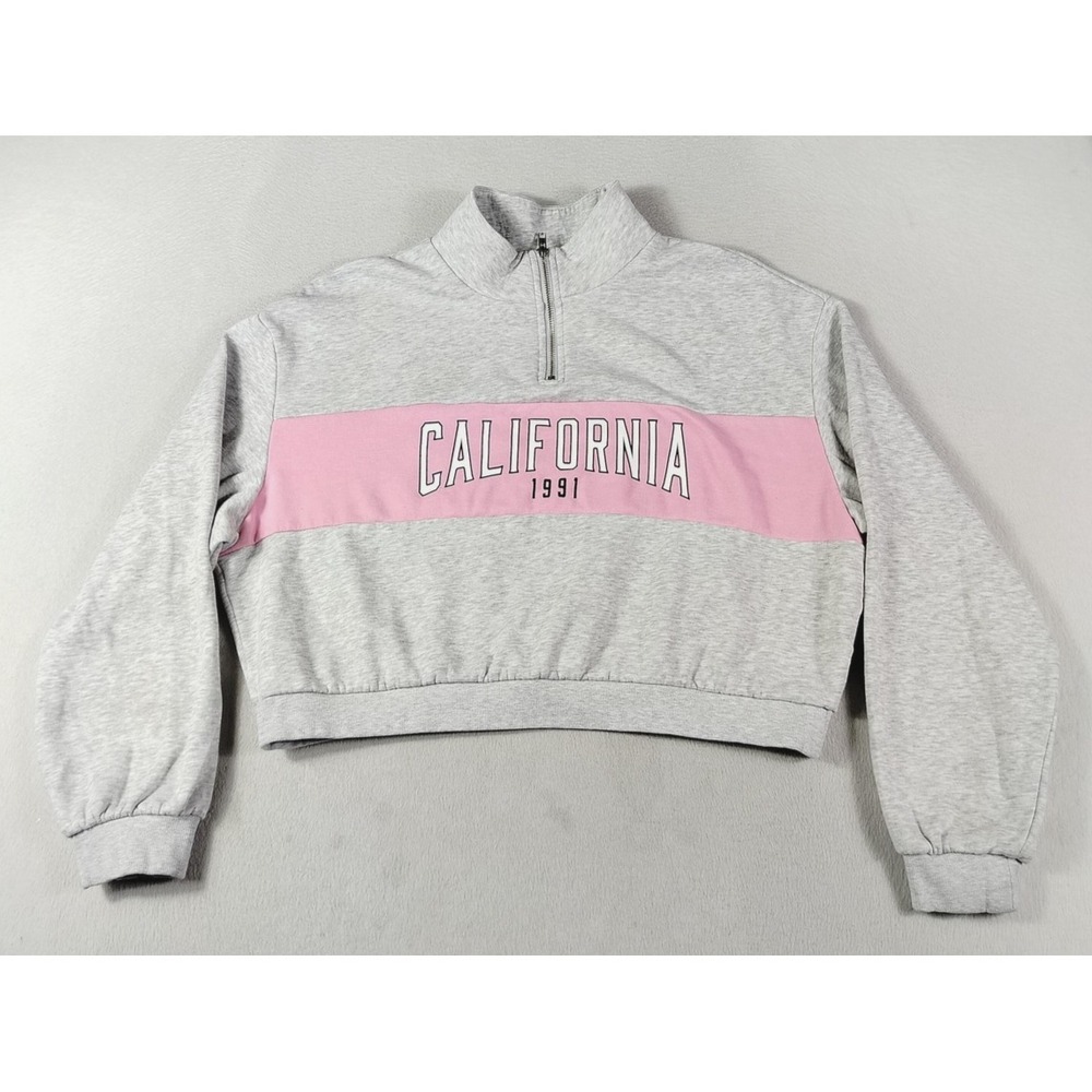 H&M Divided Sweatshirt Womens Large Gray Pink California 1991 1/4 Zip Cropped - Picture 1 of 10